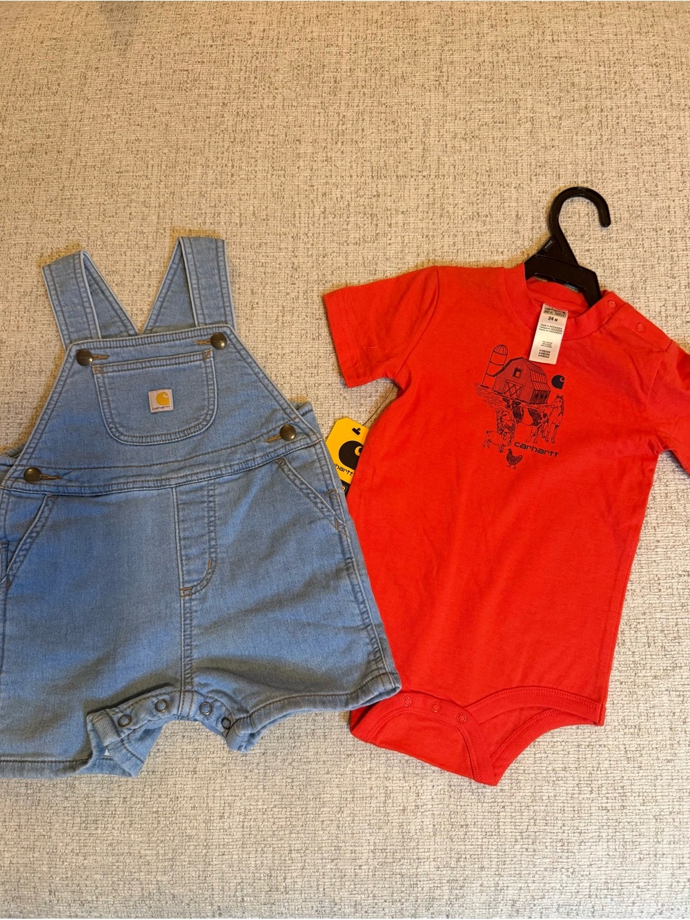 Carhartt Blue Denim Short Overalls with Red Graphic Bodysuit